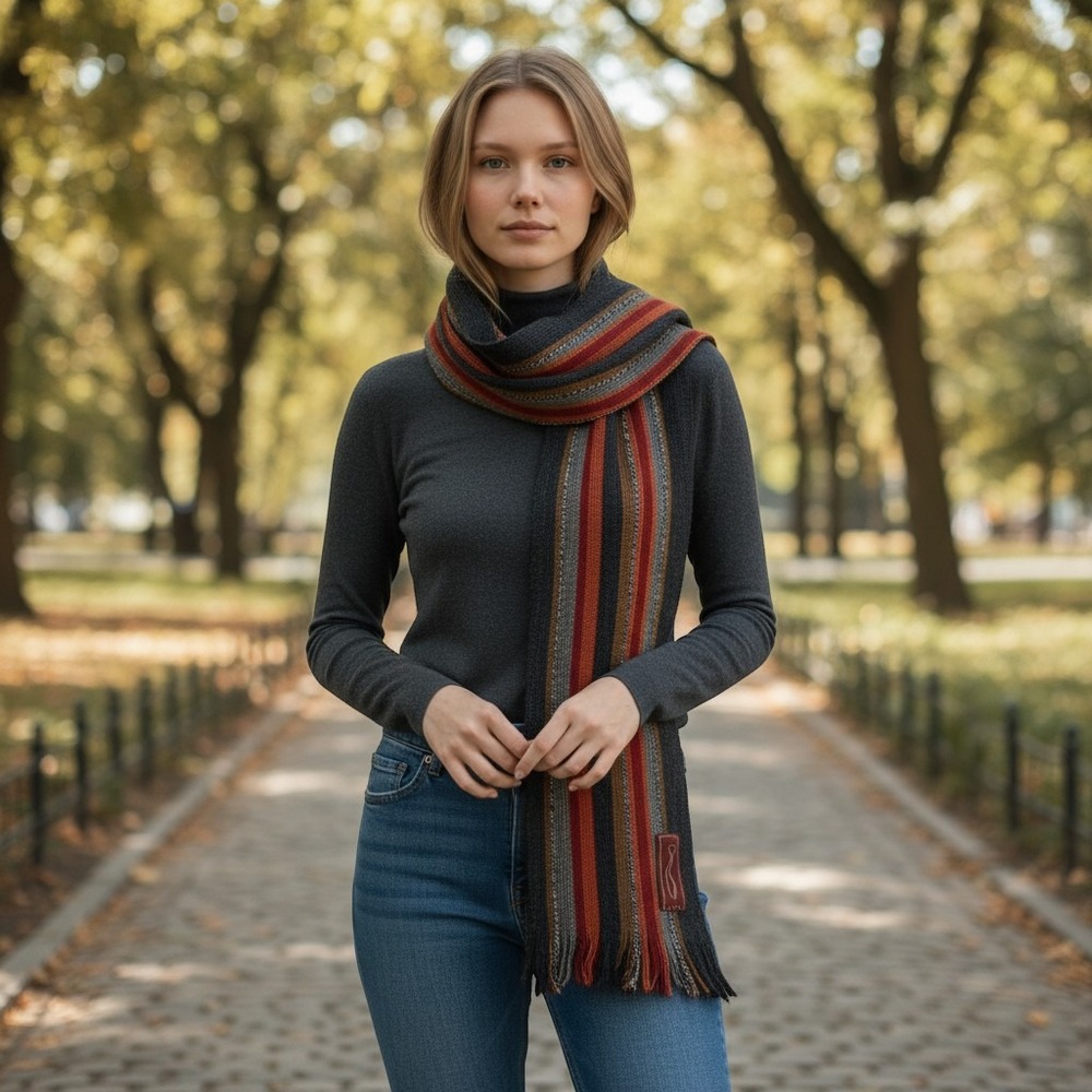 Villa Pure New Wool Striped Scarf Grey Red Orange Fringed Winter Wrap 58in